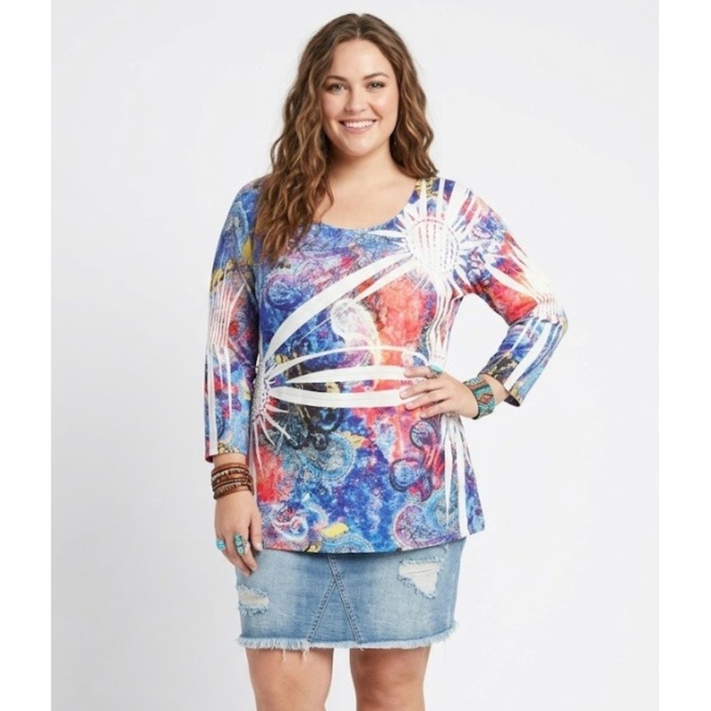 Appraisal Multi Color Abstract‎ Top XL Stretch Casual Festival Boho
